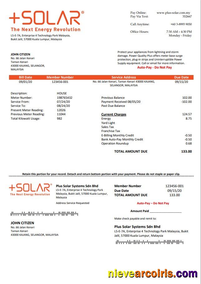 Malaysia Plus Solar Systems Sdn Bhd utility bill